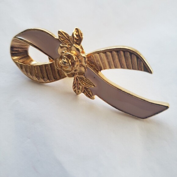 Avon Breast Cancer Awareness Pin Pink Ribbon Enamel Gold-toned Rose Vintage - Picture 4 of 10